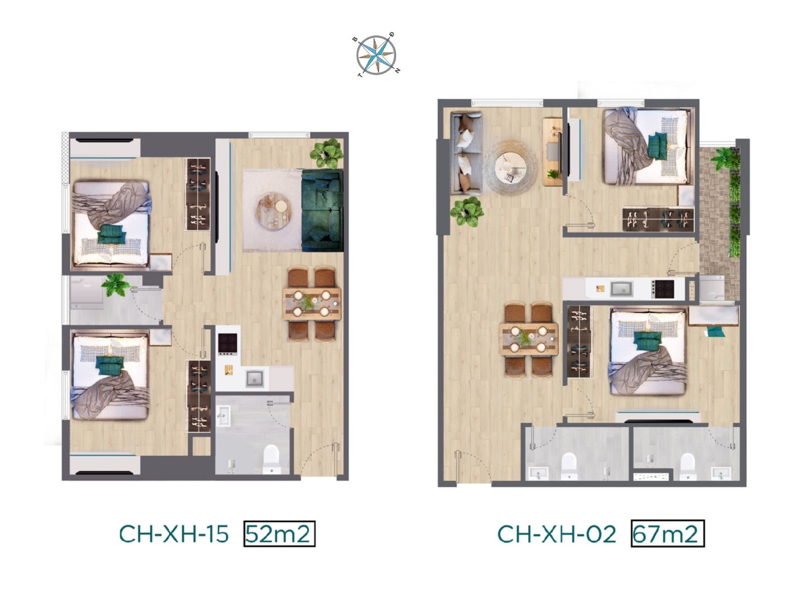 Thiết kế căn hộ hai phòng ngủ 52m2 - 67m2 chung cư Quang Vinh