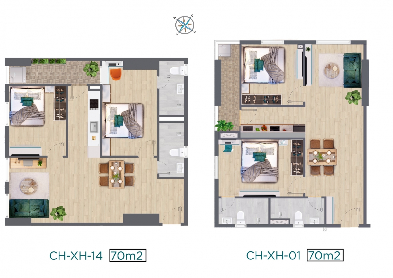 Thiết kế căn hộ hai phòng ngủ 70m2 chung cư Quang Vinh