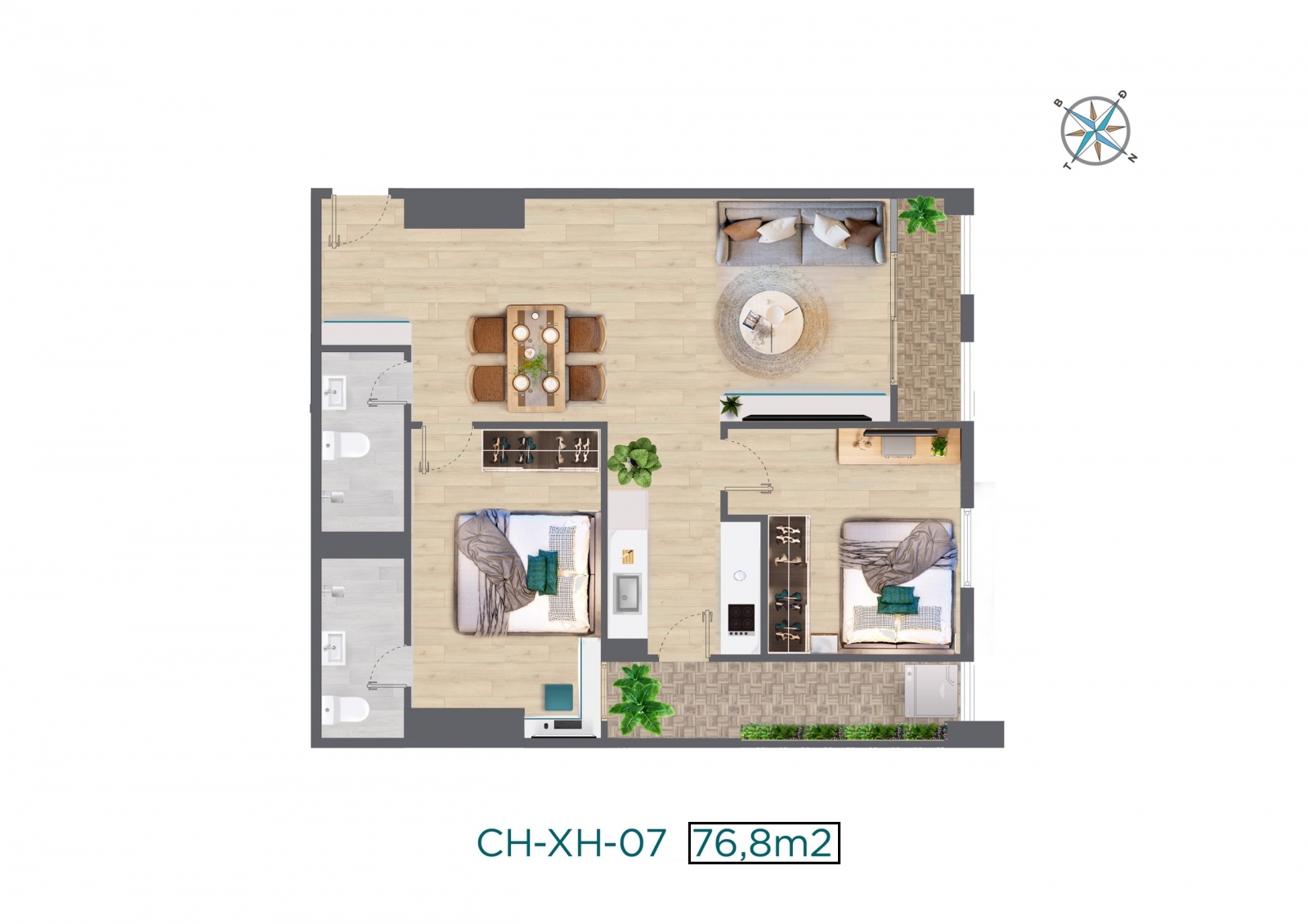 Thiết kế căn hộ hai phòng ngủ 76m2 chung cư Quang Vinh