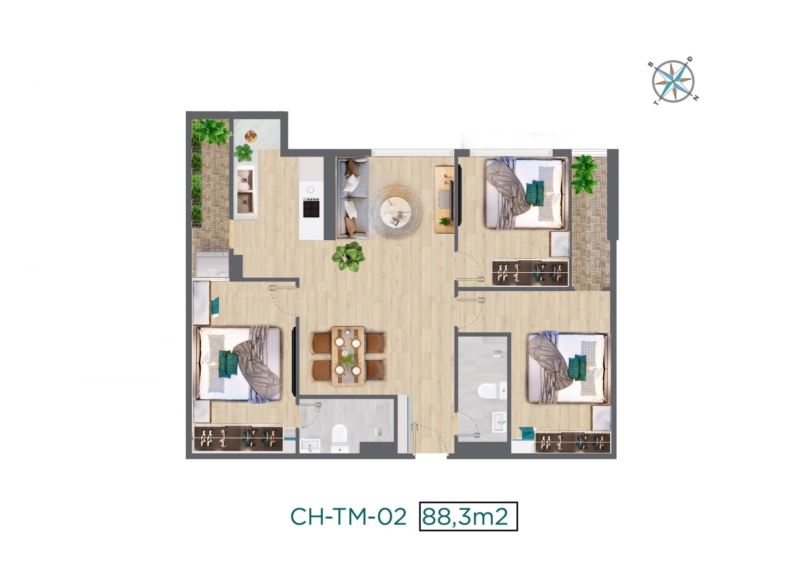 Thiết kế căn hộ 2 phòng ngủ 86m2 chung cư Quang Vinh