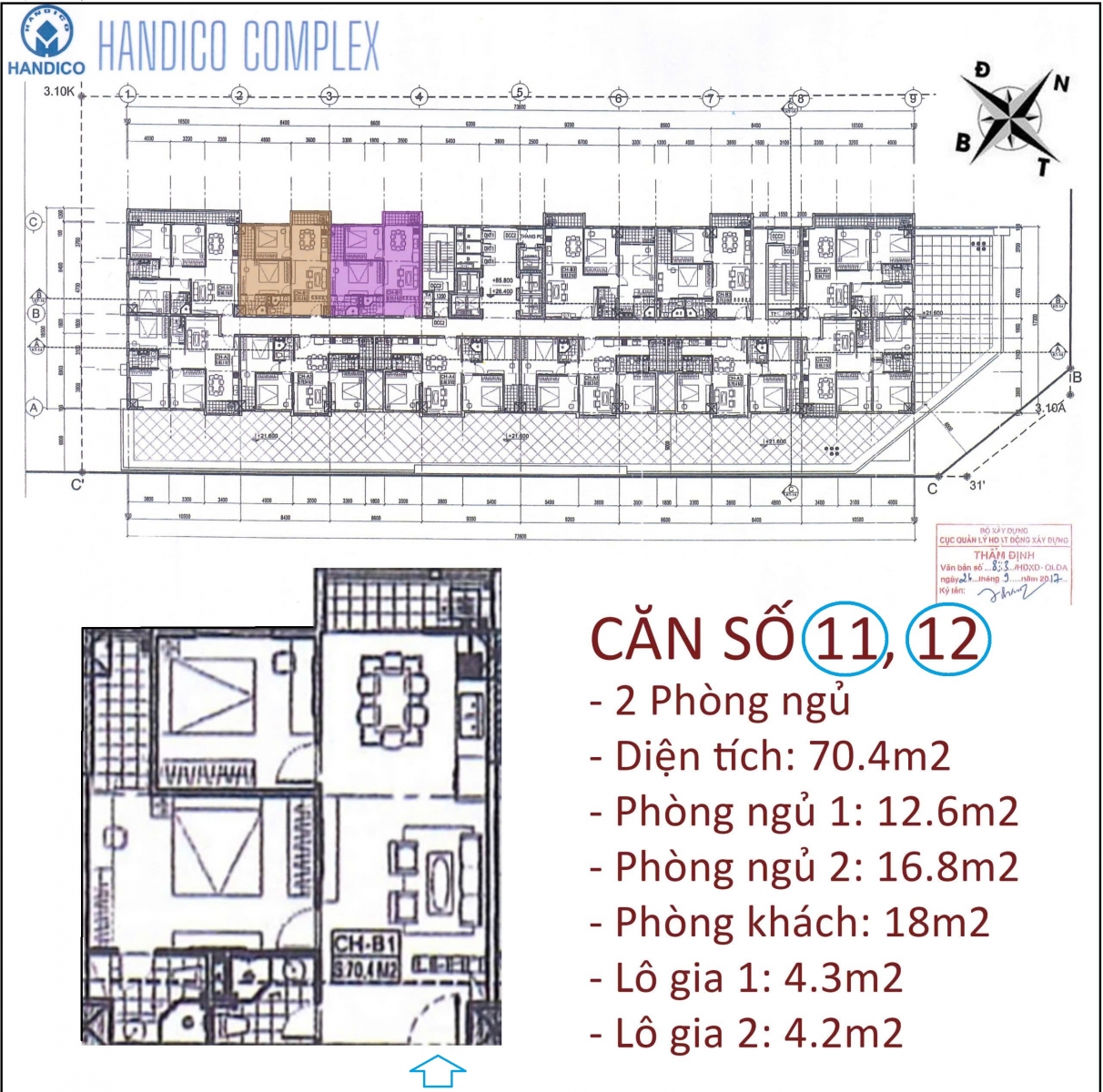 Mặt bằng căn hộ 70m2 HanDico Complex Lê Văn Lương