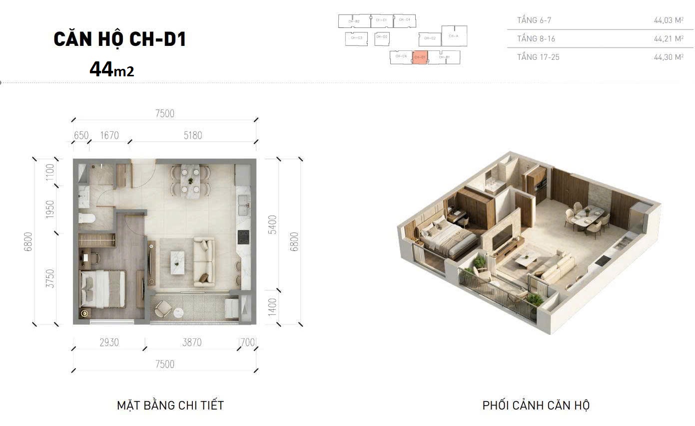 Mặt bằng 1 ngủ 44m2 Metro Tower An Khánh C3 Sơn Đồng