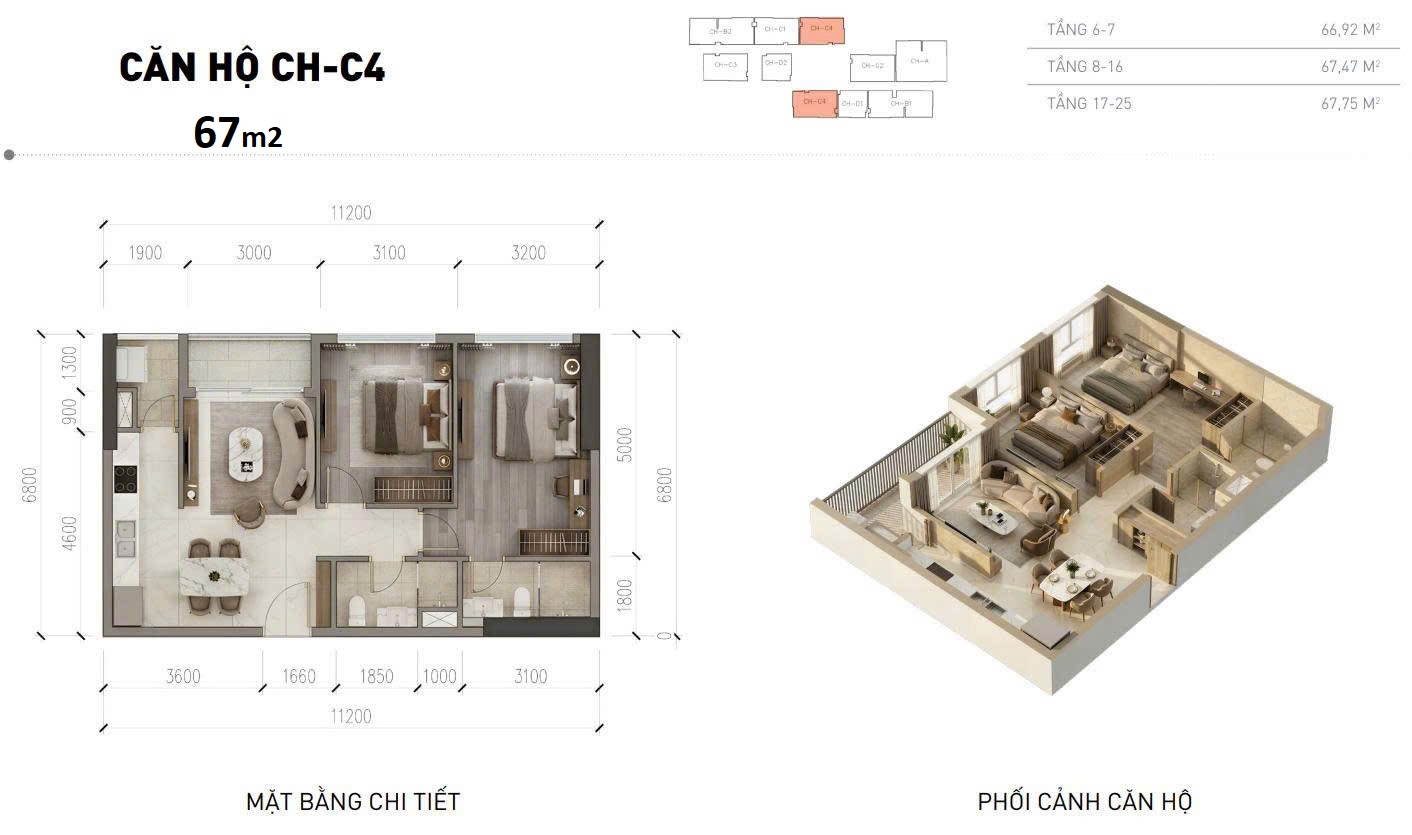 Mặt bằng 2 ngủ 67,5m2 Metro Tower An Khánh C3 Sơn Đồng