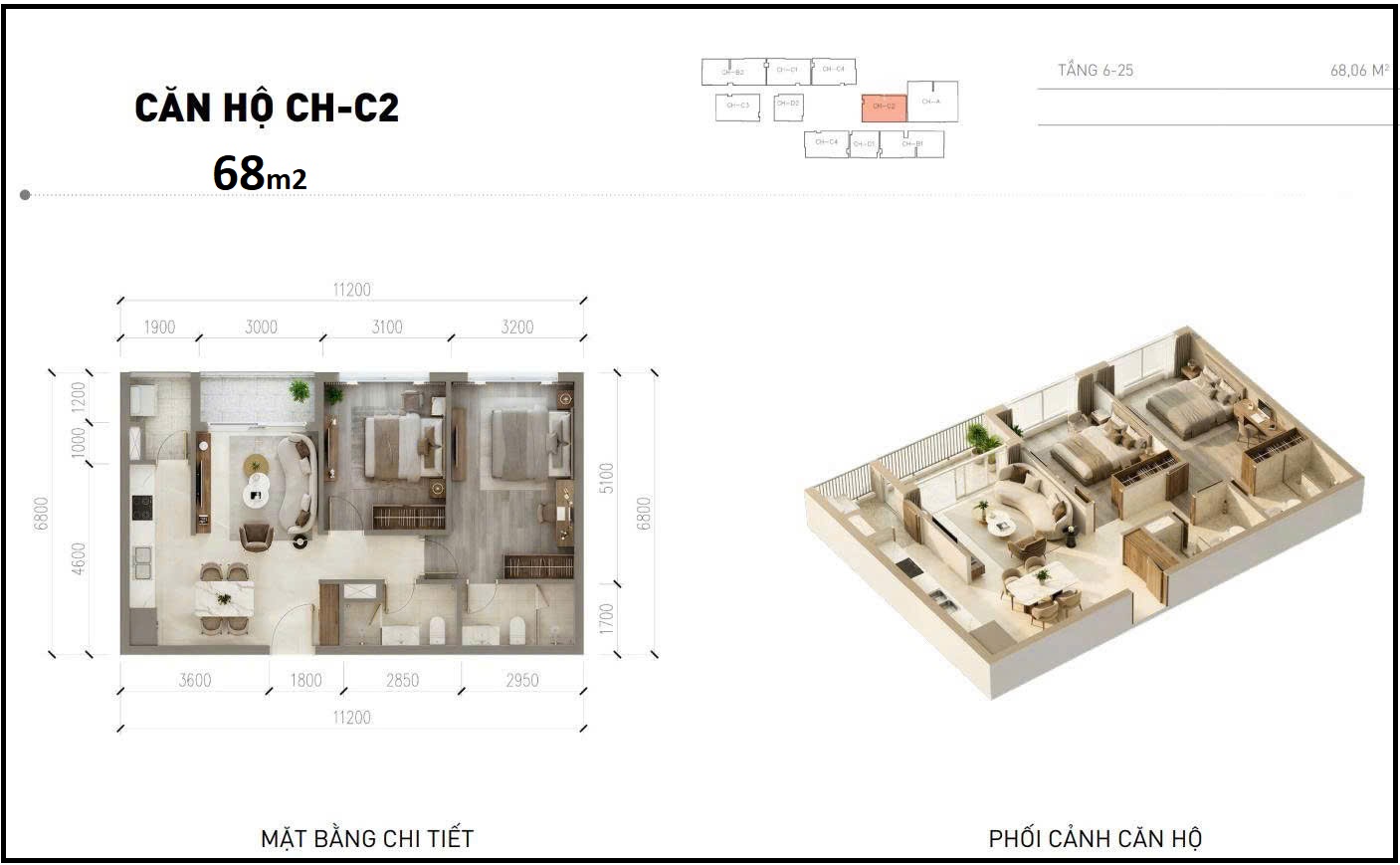 Mặt bằng 2 ngủ 68m2 Metro Tower An Khánh C3 Sơn Đồng